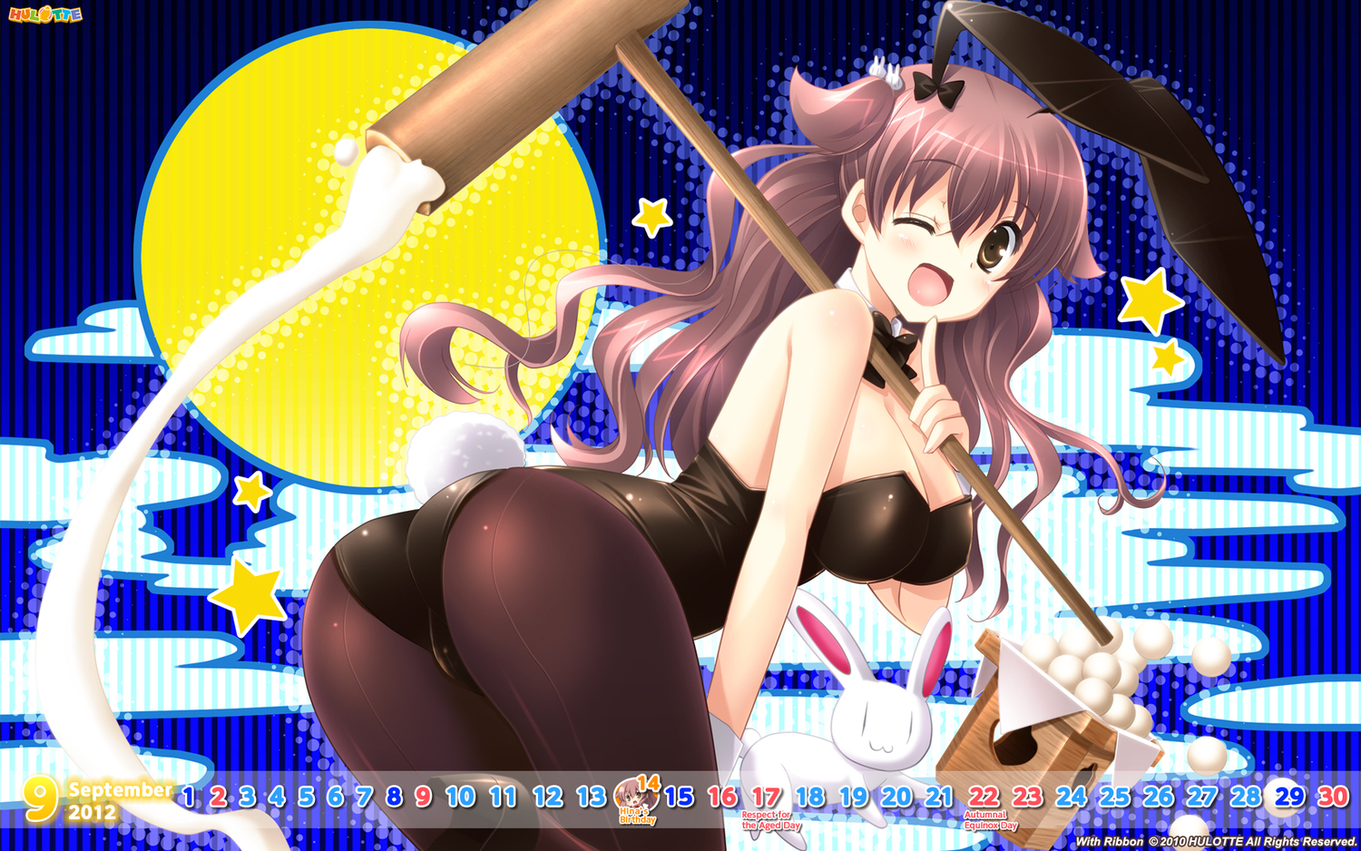 animal_ears, ass, breasts, brown_hair, bunny_ears, bunnygirl, calendar, cleavage, hosaka_hina, hulotte, ikegami_akane, leotard, long_hair, pantyhose, tail, wink, with_ribbon
