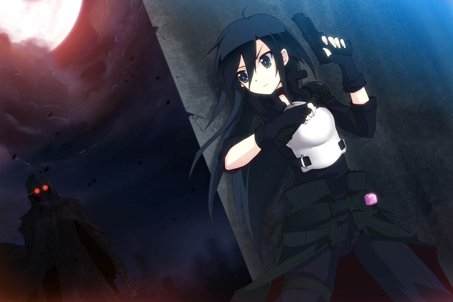 black_eyes, black_hair, dark, gun, kirigaya_kazuto, long_hair, night, sword_art_online