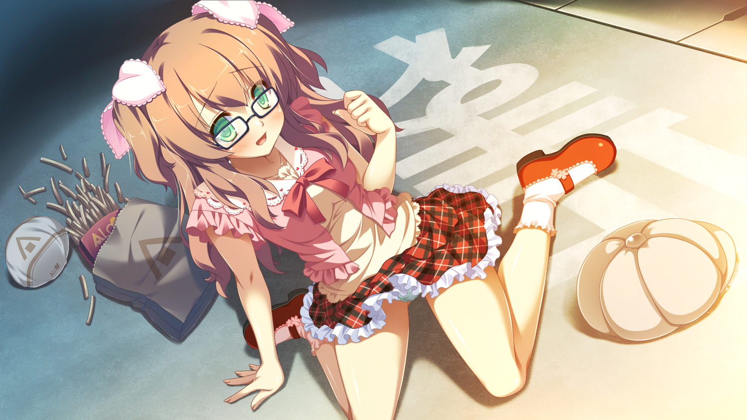 alcot, blush, bow, brown_hair, food, game_cg, glasses, green_eyes, hat, kirihara_saori, long_hair, naka_no_hito_nado_inai, narumi_yuu, panties, underwear