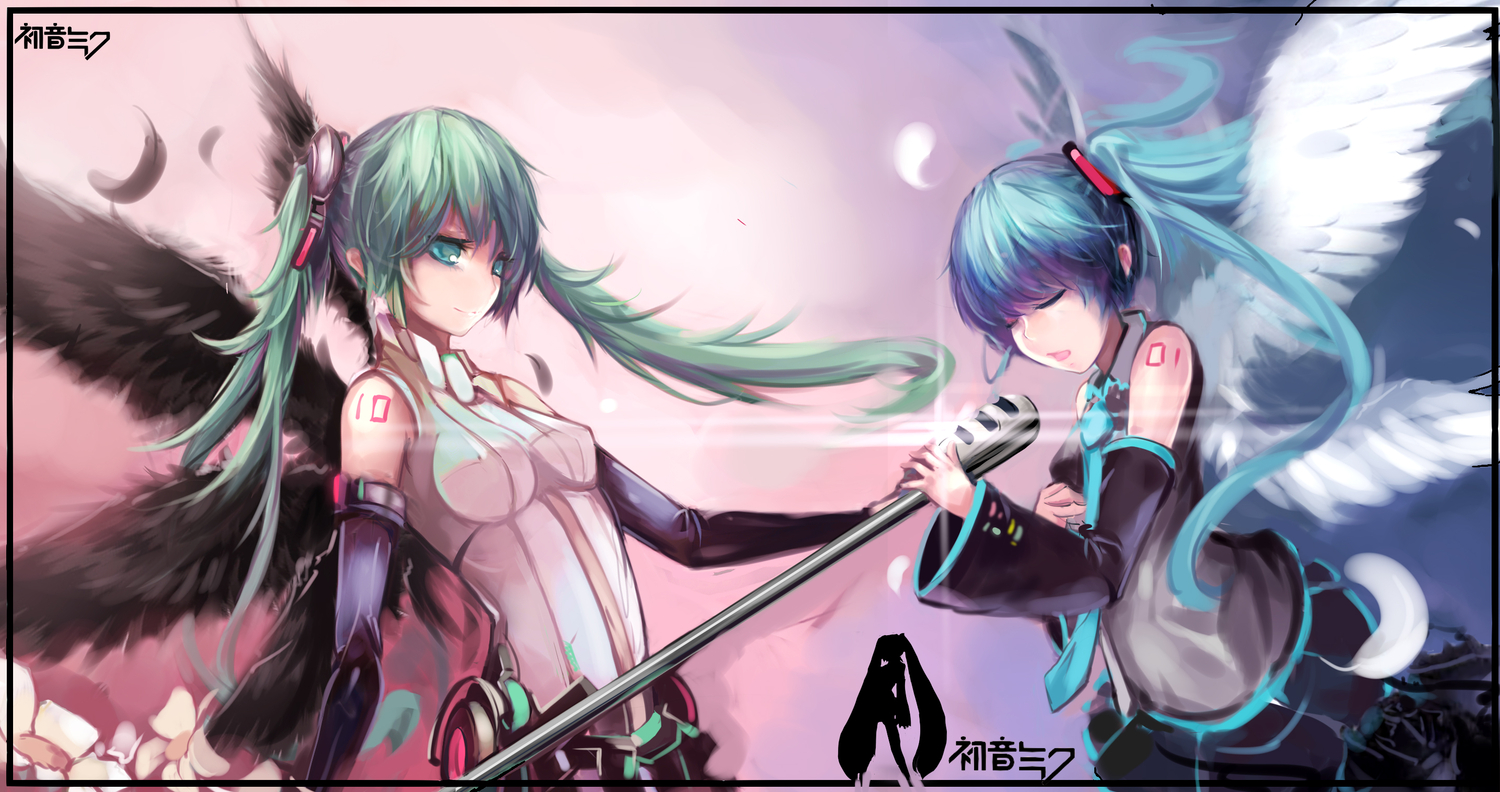 aqua_eyes, aqua_hair, boqboq, elbow_gloves, feathers, gloves, hatsune_miku, long_hair, microphone, miku_append, tie, twintails, vocaloid, wings