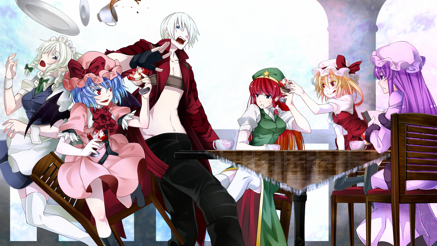 blonde_hair, blue_eyes, blue_hair, book, braids, crossover, dante, devil_may_cry