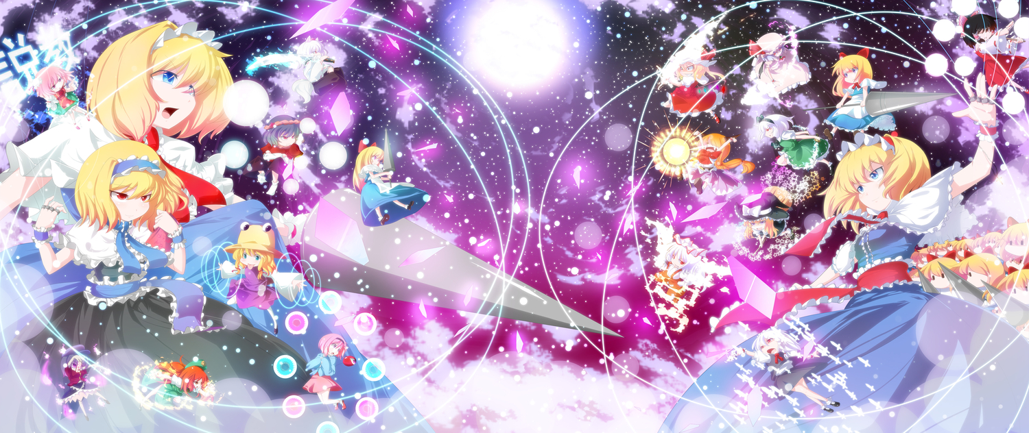 alice_margatroid, animal_ears, bandage, blonde_hair, blue_eyes, blue_hair, book, bow, braids, cherry_blossoms, chibi, chinese_clothes, chinese_dress, doll, dress, fang, fire, flandre_scarlet, flowers, fujiwara_no_mokou, gray_hair, green_eyes, group, hakurei_reimu, hat, headband, heart, hong_meiling, horns, ibaraki_kasen, ibuki_suika, inubashiri_momiji, izayoi_sakuya, japanese_clothes, katana, kirisame_marisa, knife, komeiji_satori, konpaku_youmu, long_hair, mage, magic, maid, meracle, miko, mirror, miyako_yoshika, moriya_suwako, night, ofuda, orange_hair, petals, pink_eyes, pink_hair, ponytail, purple_eyes, purple_hair, red_eyes, red_hair, remilia_scarlet, ribbons, rose, shanghai_doll, short_hair, shorts, skirt, sky, spear, stars, sword, tail, thighhighs, touhou, vampire, weapon, wings, witch, witch_hat, wolfgirl, yasaka_kanako