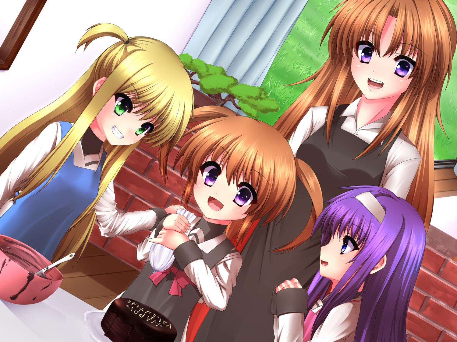 alisa_bannings, apron, blonde_hair, blue_eyes, brown_hair, food, green_eyes, ishibashi, long_hair, mahou_shoujo_lyrical_nanoha, purple_eyes, purple_hair, school_uniform, takamachi_momoko, takamachi_nanoha, tsukimura_suzuka, twintails