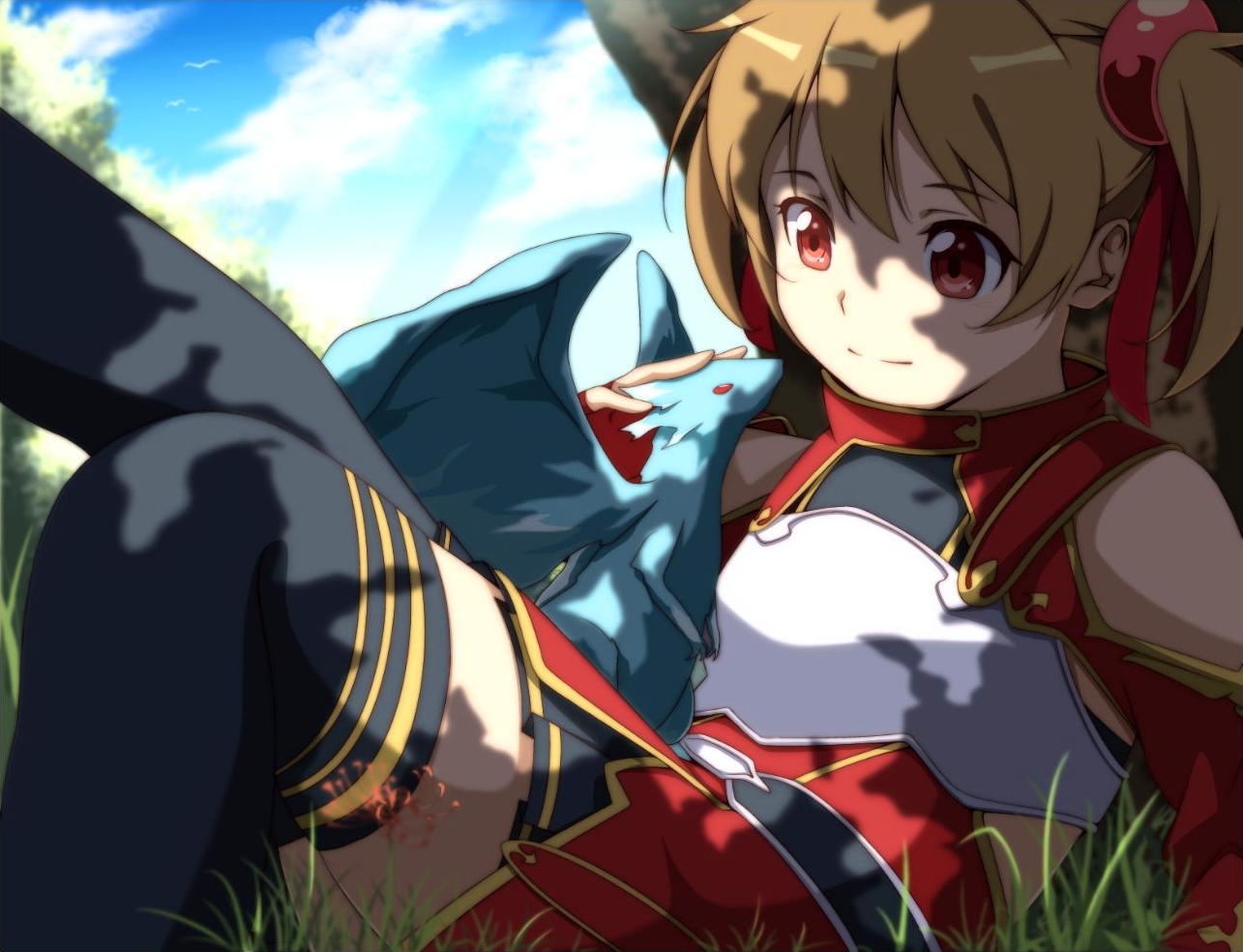 armor, ayano_keiko, brown_hair, grass, jpeg_artifacts, red_eyes, short_hair, sword_art_online, thighhighs, twintails, yuihara