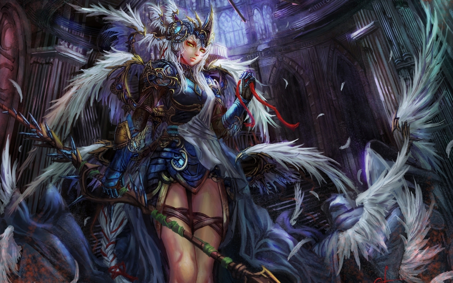 armor, edenfox, feathers, gray_hair, green_eyes, long_hair, original, weapon