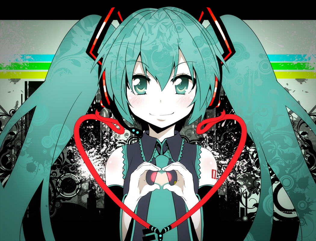 aqua_eyes, aqua_hair, blush, hatsune_miku, heart, long_hair, tom_(drpow), twintails