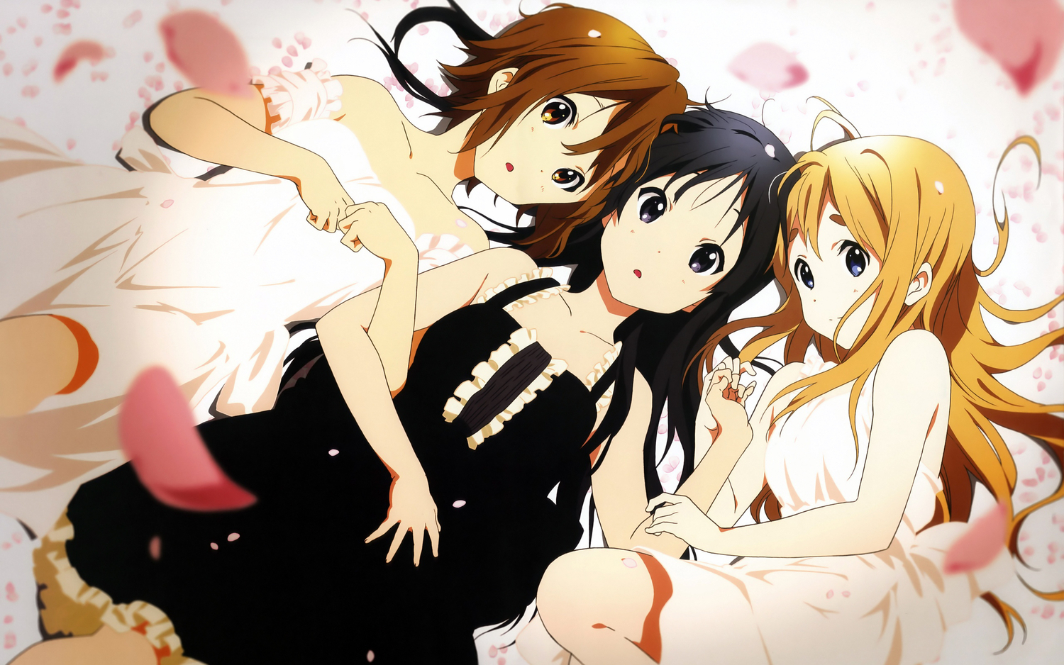akiyama_mio, black_eyes, black_hair, blonde_hair, blue_eyes, brown_eyes, brown_hair, dress