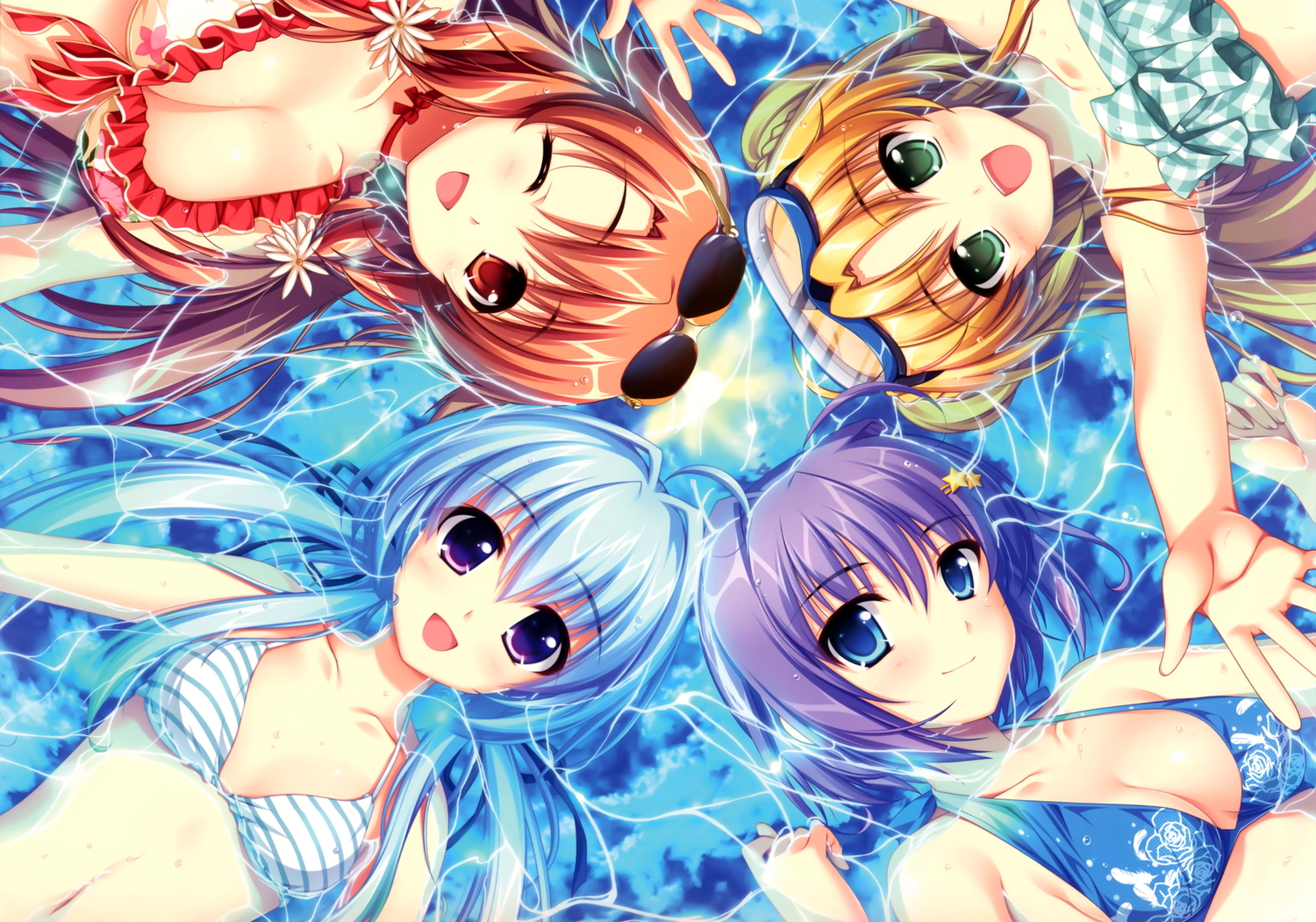 alpha_(alpha91), bikini, blonde_hair, blue_eyes, blue_hair, breasts, cleavage, goggles, green_eyes, isozaki_renka, kuribayashi_hatoko, long_hair, makishima_amane, okiba_ga_nai!, orange_eyes, orange_hair, purple_hair, short_hair, sunglasses, swimsuit, syanon, water, wet, wink