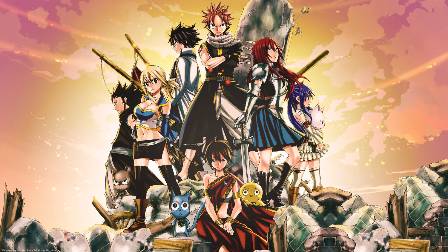 animal, armor, bird, blonde_hair, blue_hair, boots, breasts, brown_hair, cat, charle_(fairy_tail), cleavage, dress, eclair_(fairy_tail), erza_scarlet, fairy_tail, gajeel_redfox, gray_fullbuster, group, happy_(fairy_tail), long_hair, lucy_heartfilia, male, mashima_hiro, natsu_dragneel, pantherlily, pink_hair, red_hair, scarf, short_hair, sword, tattoo, watermark, weapon, wendy_marvell