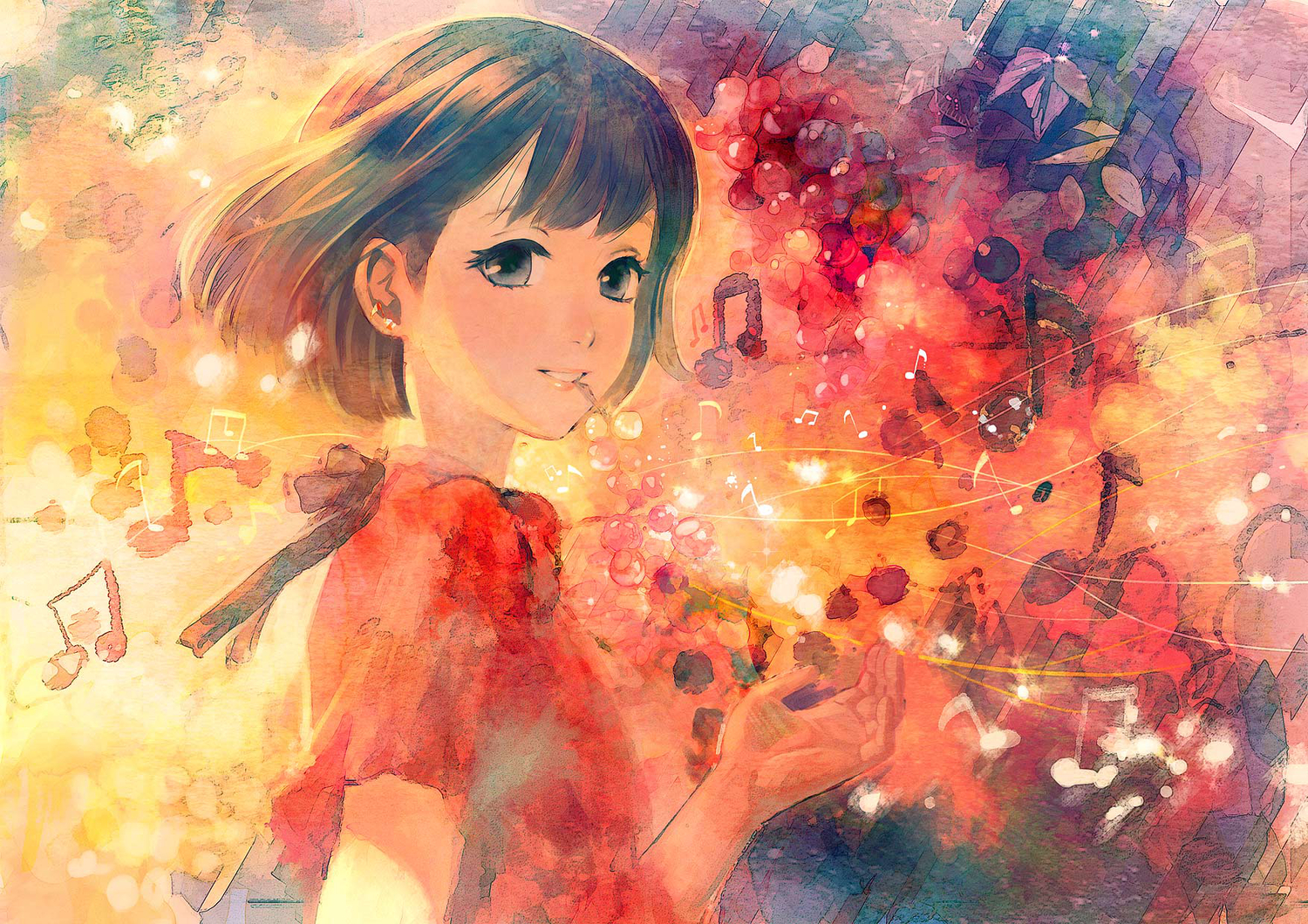 black_eyes, brown_hair, food, fruit, music, original, short_hair, umishima_senbon