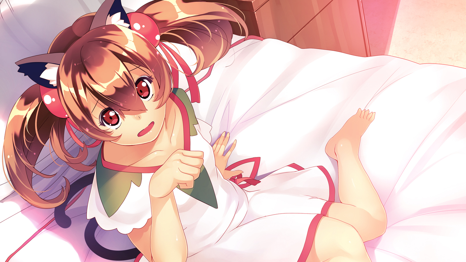 animal_ears, ayano_keiko, barefoot, bed, brown_hair, catgirl, dress, long_hair, red_eyes, sword_art_online, tail, twintails, yuuji_(yukimimi)