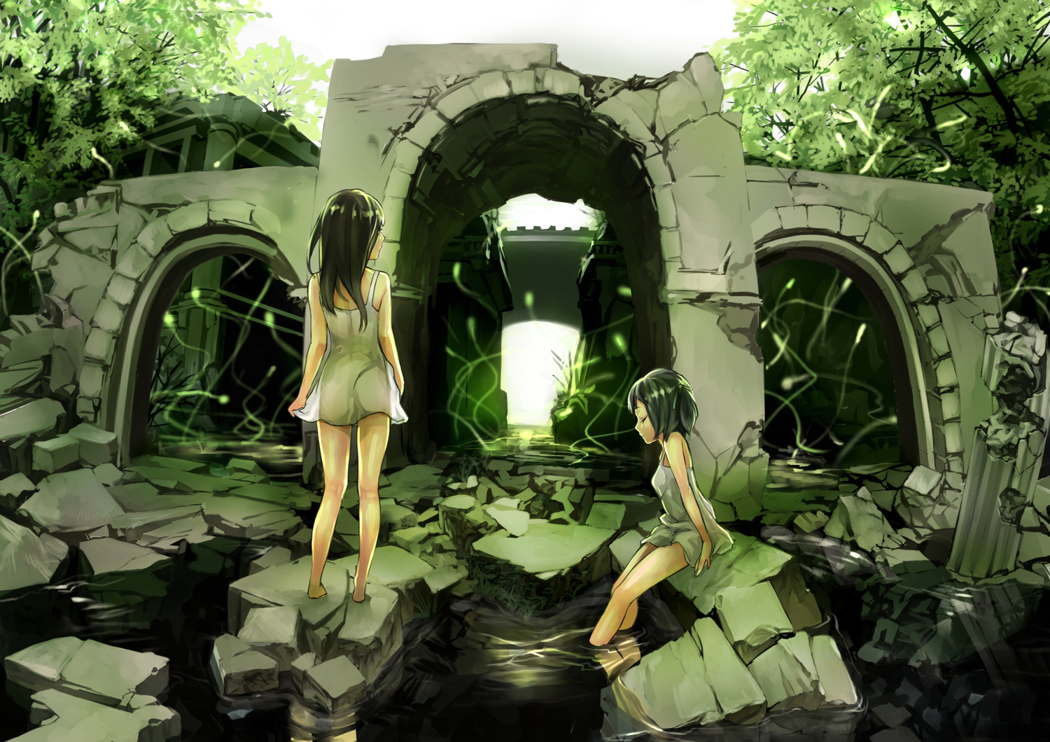 2girls, barefoot, black_hair, dress, forest, long_hair, original, ruins, see_through, short_hair, tree, tsuchiya, water