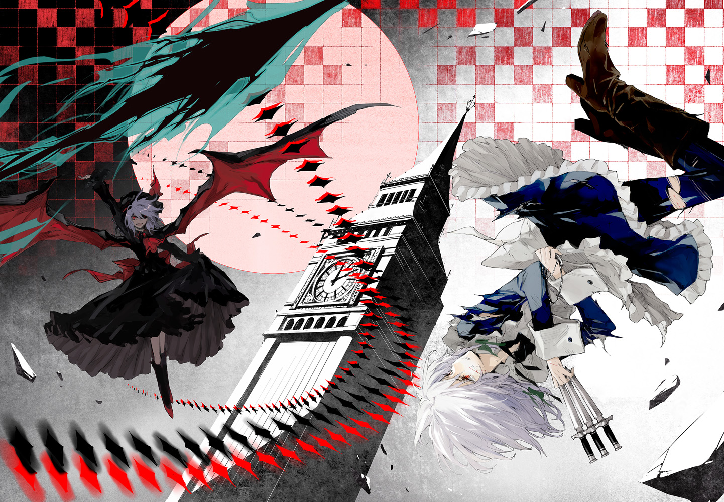 2girls, blood, boots, braids, gray_hair, izayoi_sakuya, knife, maid, minakata_sunao, red_eyes, remilia_scarlet, short_hair, thighhighs, torn_clothes, touhou, vampire, weapon, wings