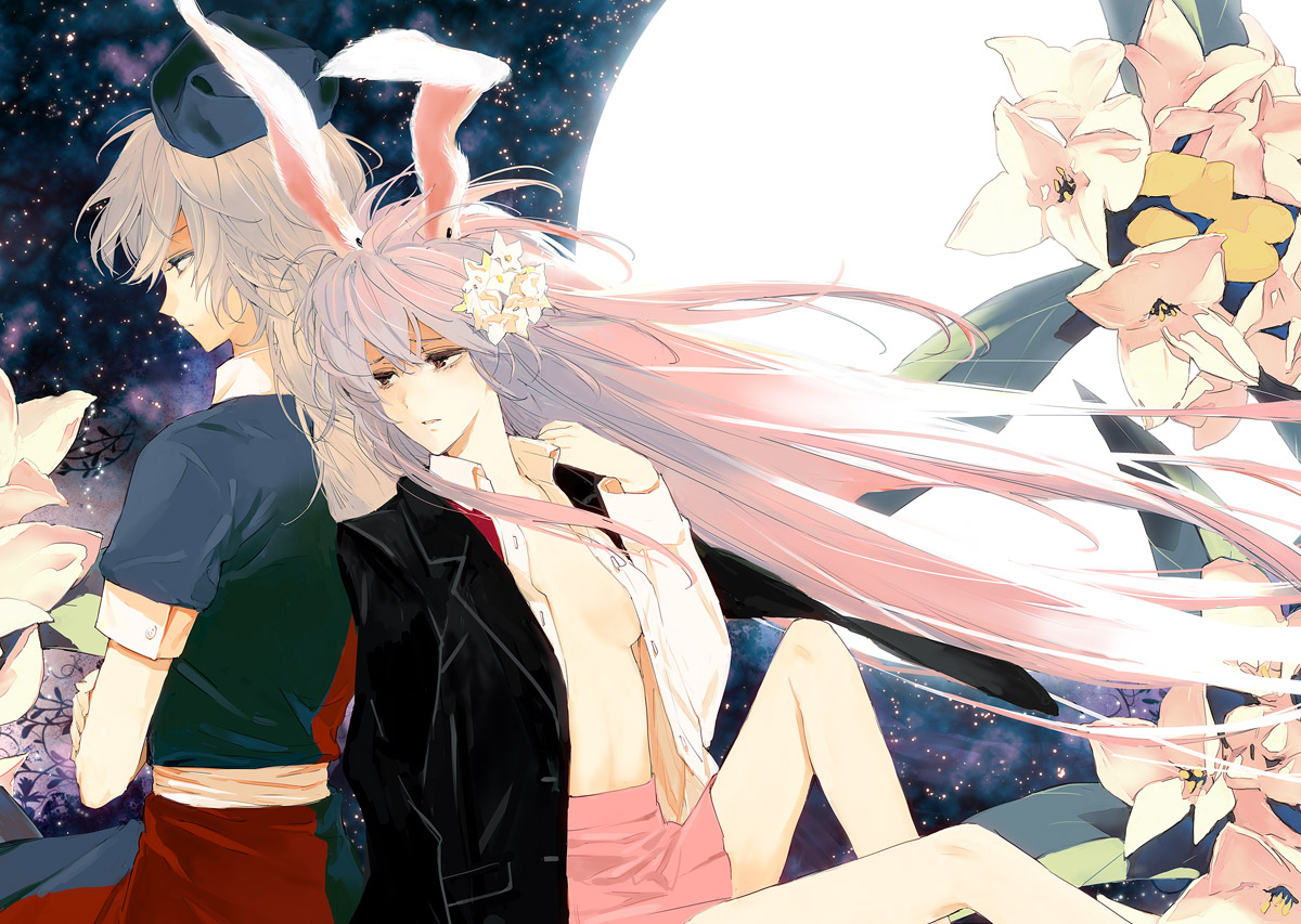 2girls, animal_ears, blue_eyes, breasts, bunny_ears, bunnygirl, gray_hair, hat