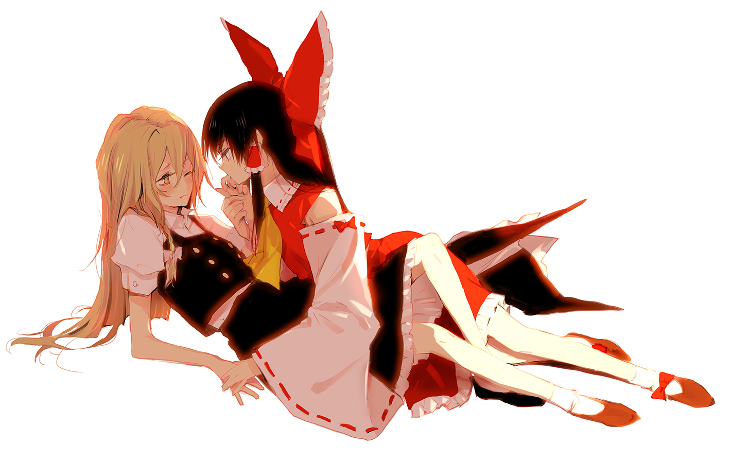 2girls, black_hair, blonde_hair, blush, bow, braids, hakurei_reimu, japanese_clothes, kirisame_marisa, long_hair, miko, minakata_sunao, shoujo_ai, touhou, white, wink, witch, yellow_eyes