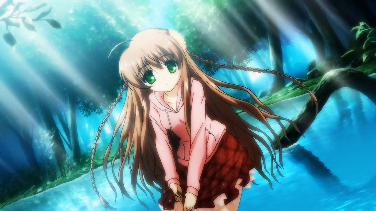 brown_hair, dress, flowers, forest, green_eyes, kanbe_kotori, key, long_hair