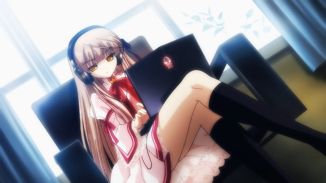 brown_eyes, brown_hair, computer, headphones, key, long_hair, rewrite, ribbons, school_uniform, senri_akane