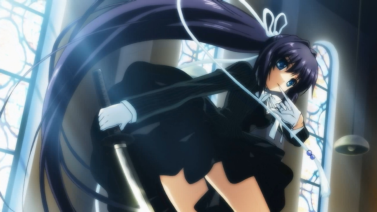 black_hair, blue_eyes, dress, gloves, jpeg_artifacts, katana, key, konohana_lucia