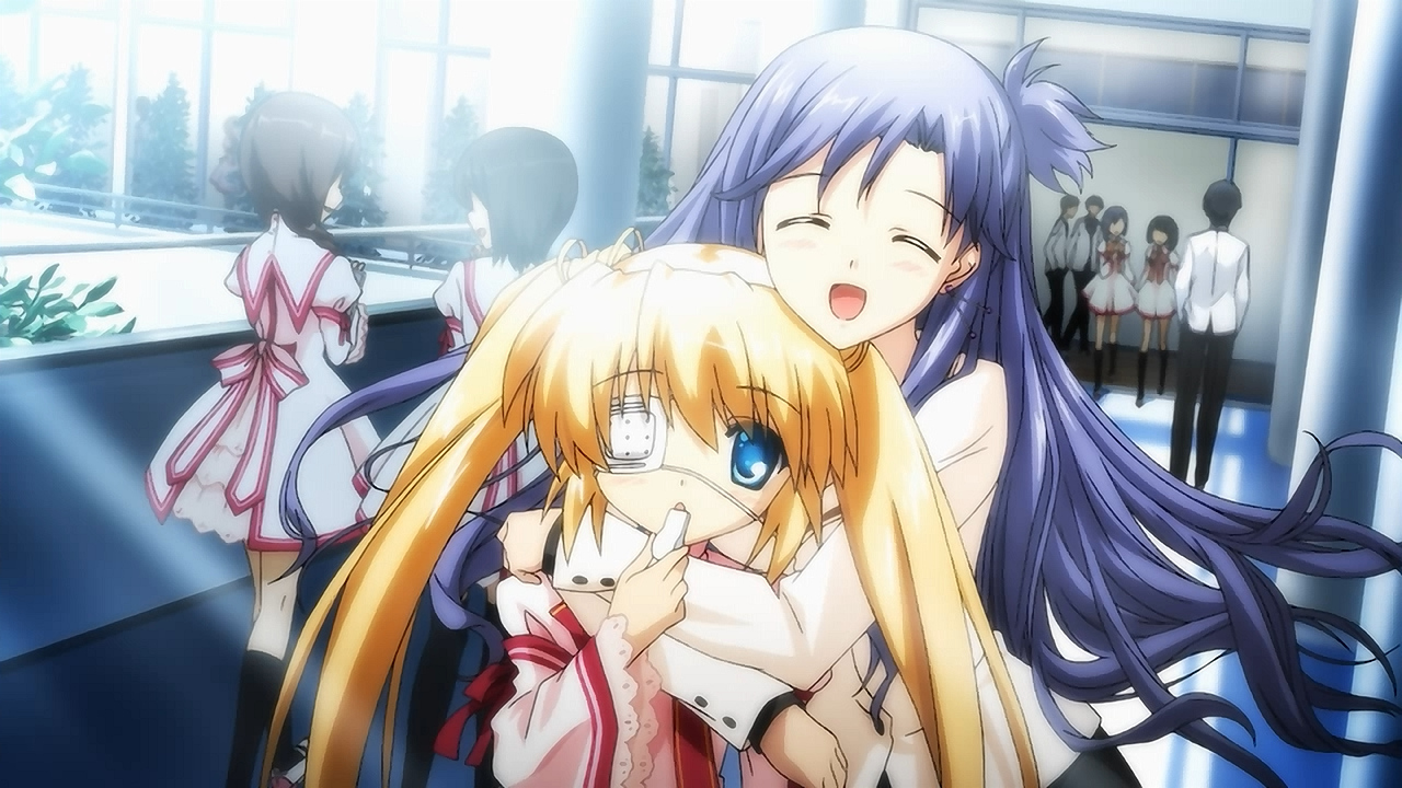 blonde_hair, blue_eyes, eyepatch, hug, key, loli, long_hair, nakatsu_shizuru