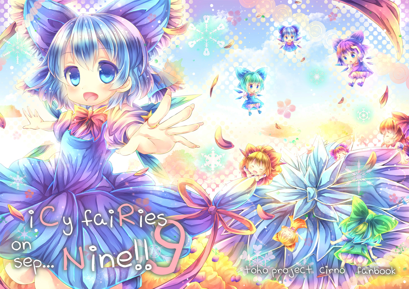 achi_cirno, aqua_hair, blonde_hair, bloomers, blue_eyes, blue_hair, bow, chibi