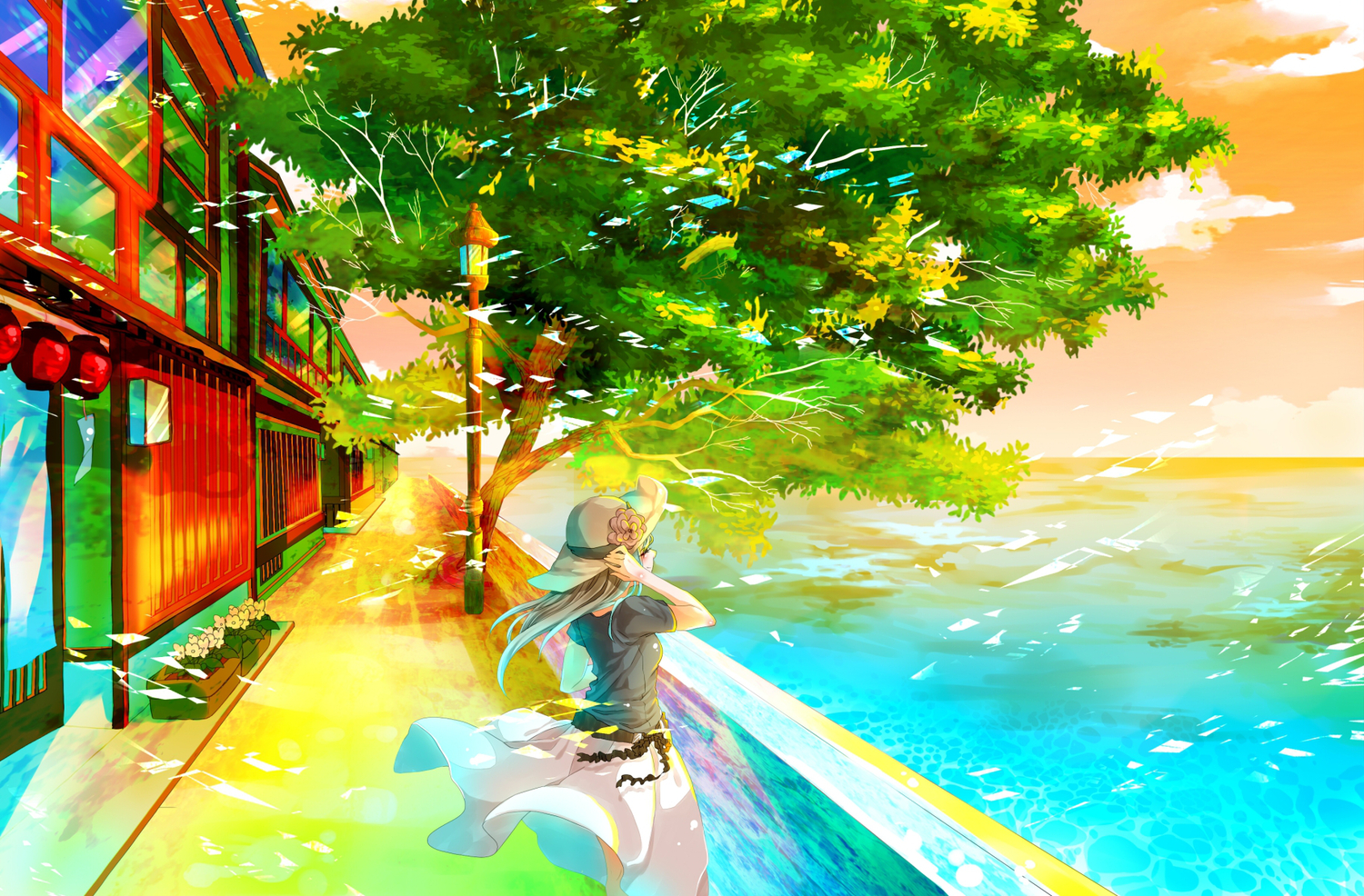 blush, conomi-c5, dress, flowers, gray_hair, hat, landscape, long_hair, original, scenic, tree, water