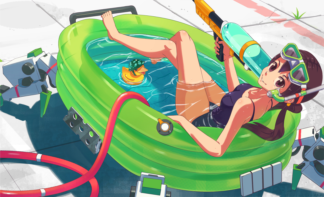 brown_eyes, brown_hair, goggles, inaba_taiju, long_hair, original, pool, rubber_duck, school_swimsuit, swimsuit, water