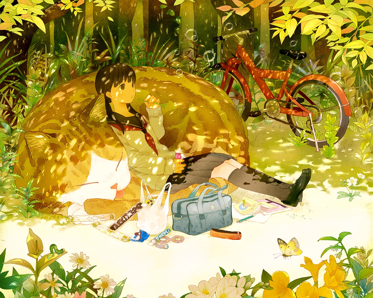 ame_(conronca), animal, black_eyes, black_hair, book, bubbles, butterfly, cat, flowers, food, forest, leaves, long_hair, original, school_uniform, sleeping, tree, twintails