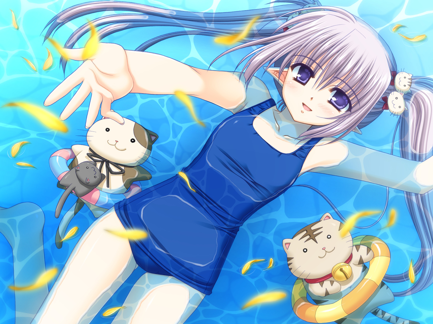 animal, blush, cat, cat_smile, long_hair, nishimata_aoi, petals, pointed_ears