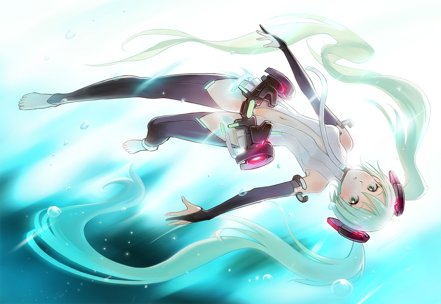 blue_hair, bubbles, elbow_gloves, gloves, green_eyes, hatsune_miku, jpeg_artifacts, long_hair, miku_append, shirokichi, thighhighs, twintails, underwater, vocaloid, water