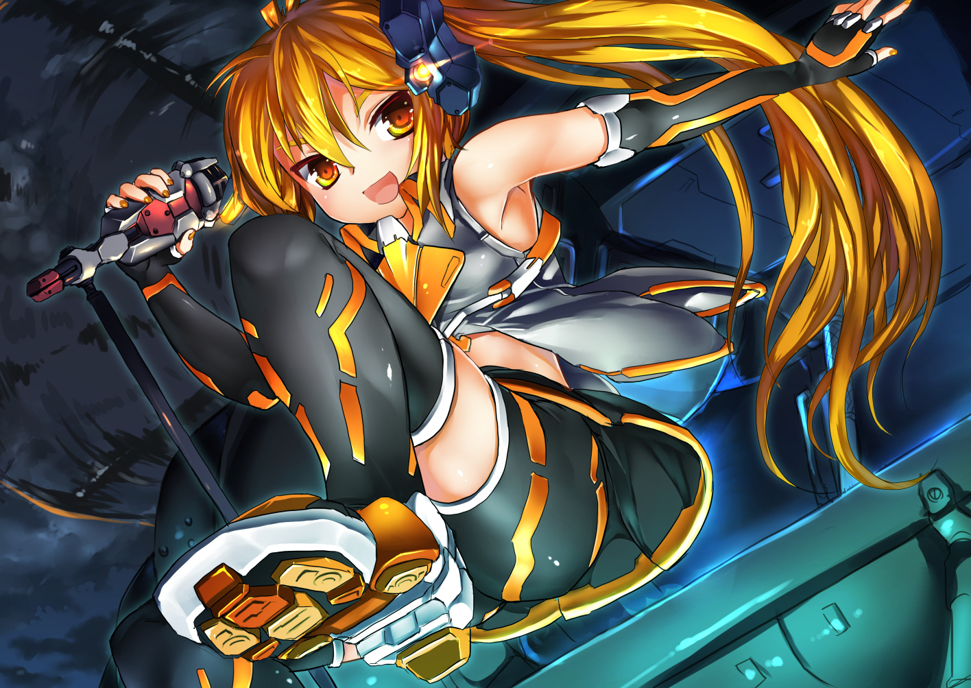 akita_neru, blonde_hair, elbow_gloves, gloves, long_hair, magu_(mugsfc), microphone, ponytail