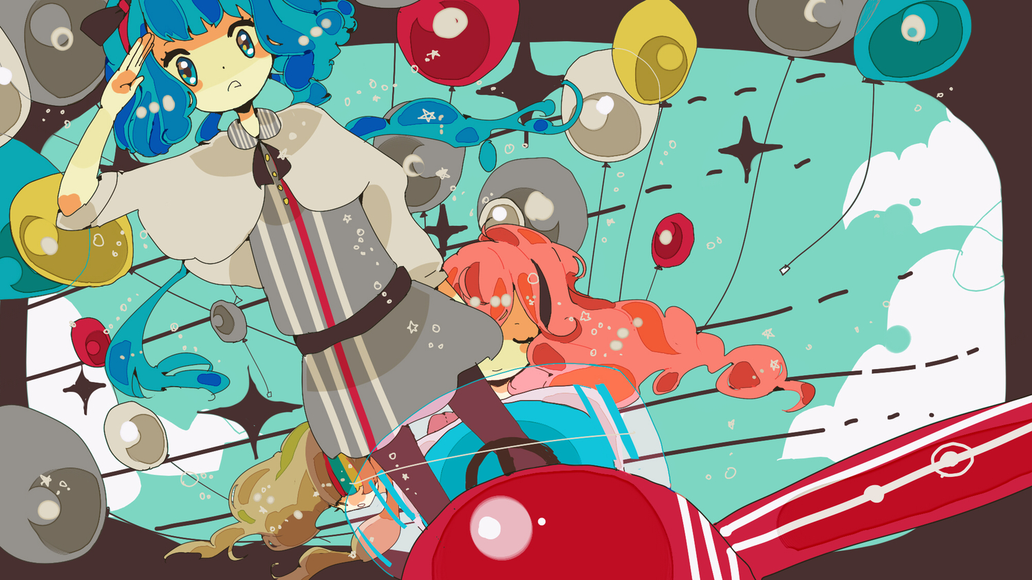 blue_eyes, blue_hair, brown_hair, galaco, hatsune_miku, kyarai-417, long_hair, megurine_luka