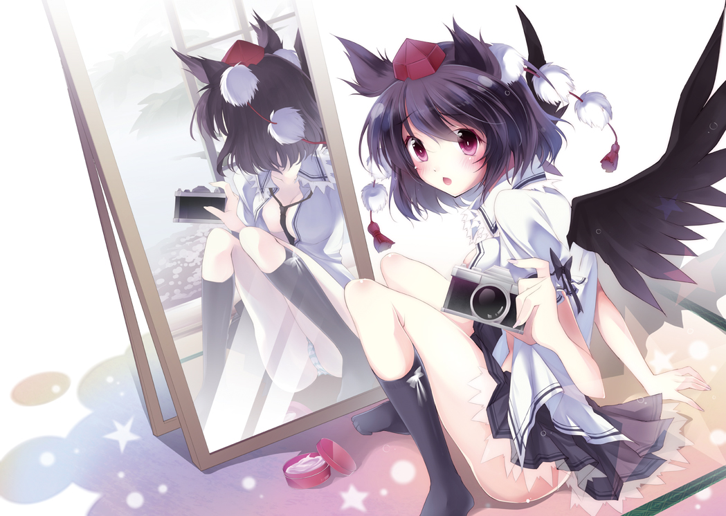 animal_ears, black_hair, blush, breasts, camera, cleavage, hat, hiiragi_mashiro, kneehighs, mirror, no_bra, open_shirt, panties, pink_eyes, reflection, shameimaru_aya, shirt, short_hair, skirt, spread_legs, stars, striped_panties, tie, touhou, underwear, wings