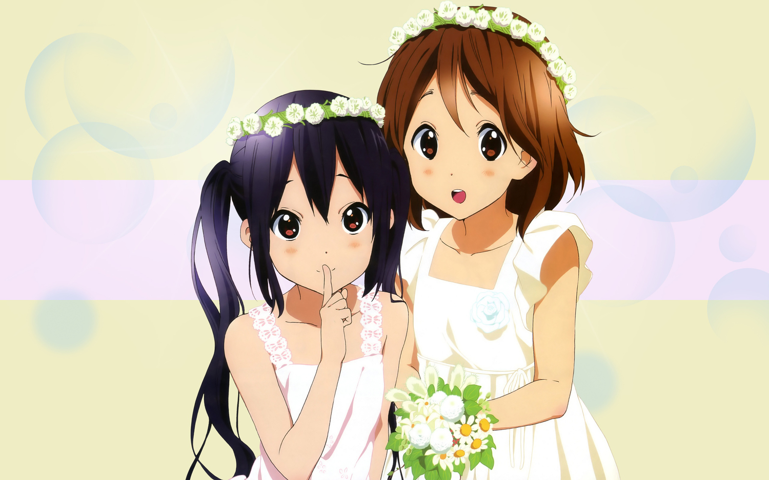 2girls, black_hair, brown_eyes, brown_hair, dress, flowers, hirasawa_yui, horiguchi_yukiko