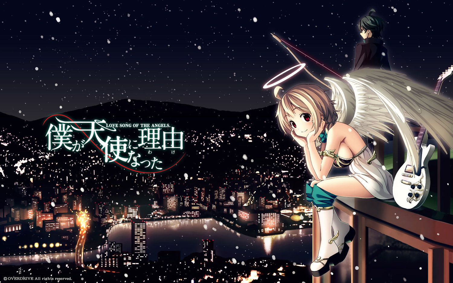 angel, black_hair, boku_ga_tenshi_ni_natta_wake, bow_(weapon), brown_hair, building, city, fujimaru, guitar, instrument, jpeg_artifacts, night, red_eyes, rooftop, short_hair, snow, watermark, weapon, wings