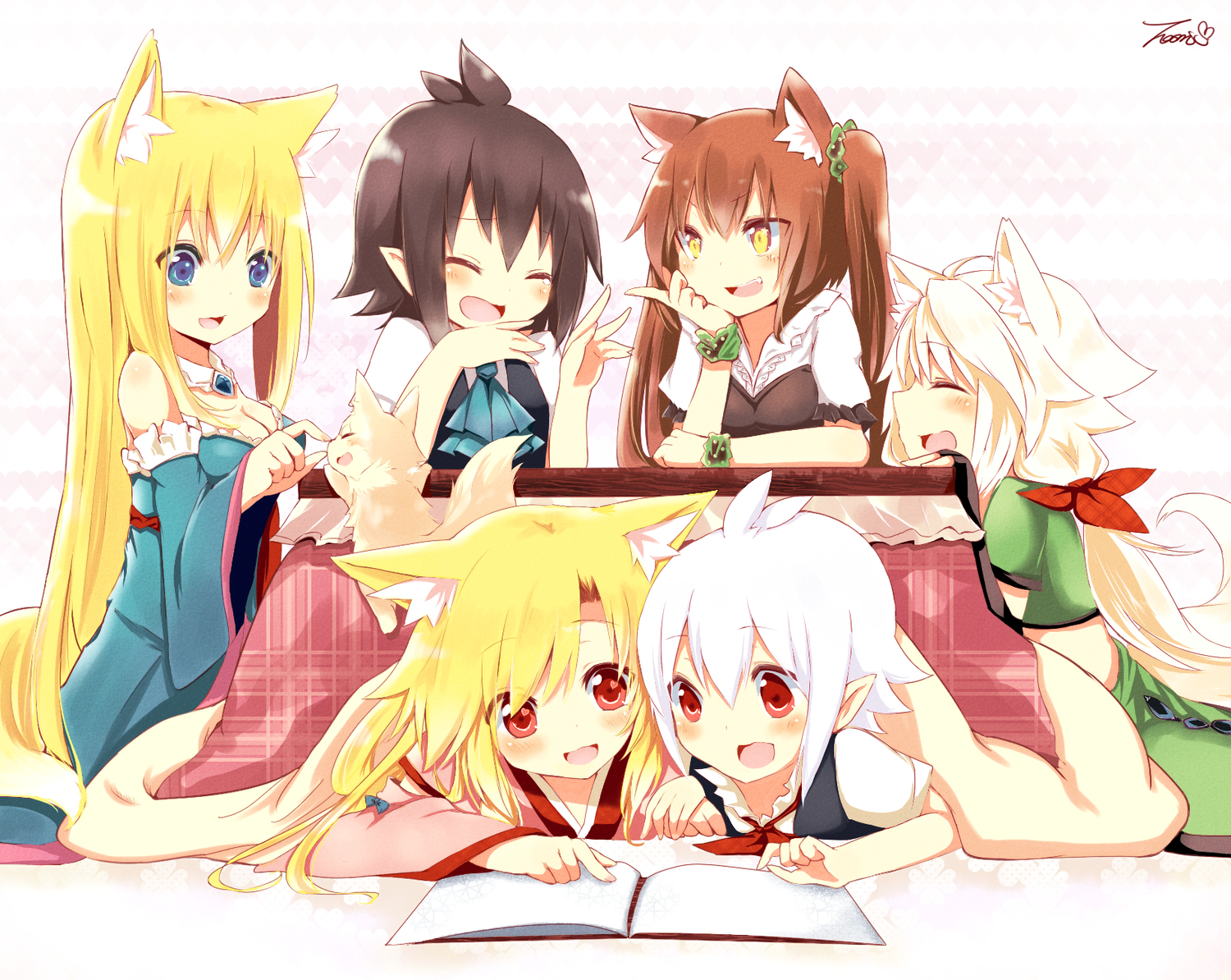 akane_(naomi), animal, animal_ears, black_hair, blonde_hair, blue_eyes, blush, book, bow, breasts, brown_hair, cleavage, dress, fang, foxgirl, group, heart, japanese_clothes, long_hair, naomi_(sekai_no_hate_no_kissaten), original, red_eyes, short_hair, signed, tail, twintails, white_hair