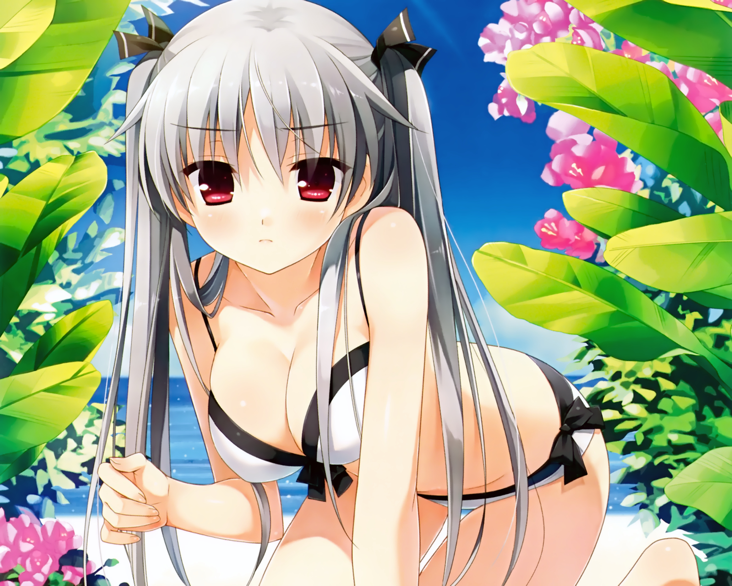 beach, bikini, breasts, cleavage, cropped, cube, gray_hair, kanekiyo_miwa, kurano-kunchi_no_futago_jijou, kurano_tomoka, long_hair, red_eyes, scan, swimsuit, twintails