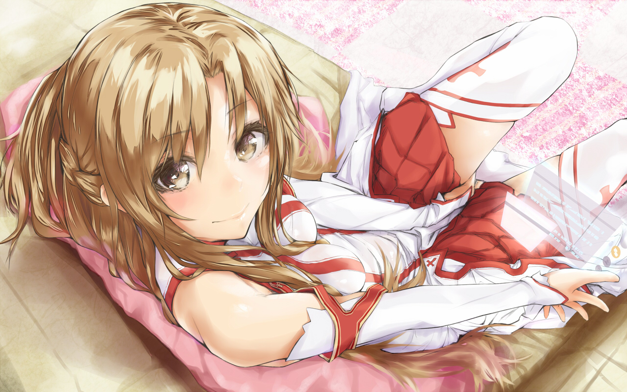 brown_eyes, brown_hair, elbow_gloves, gloves, kiriyama, long_hair, sword_art_online, thighhighs, yuuki_asuna