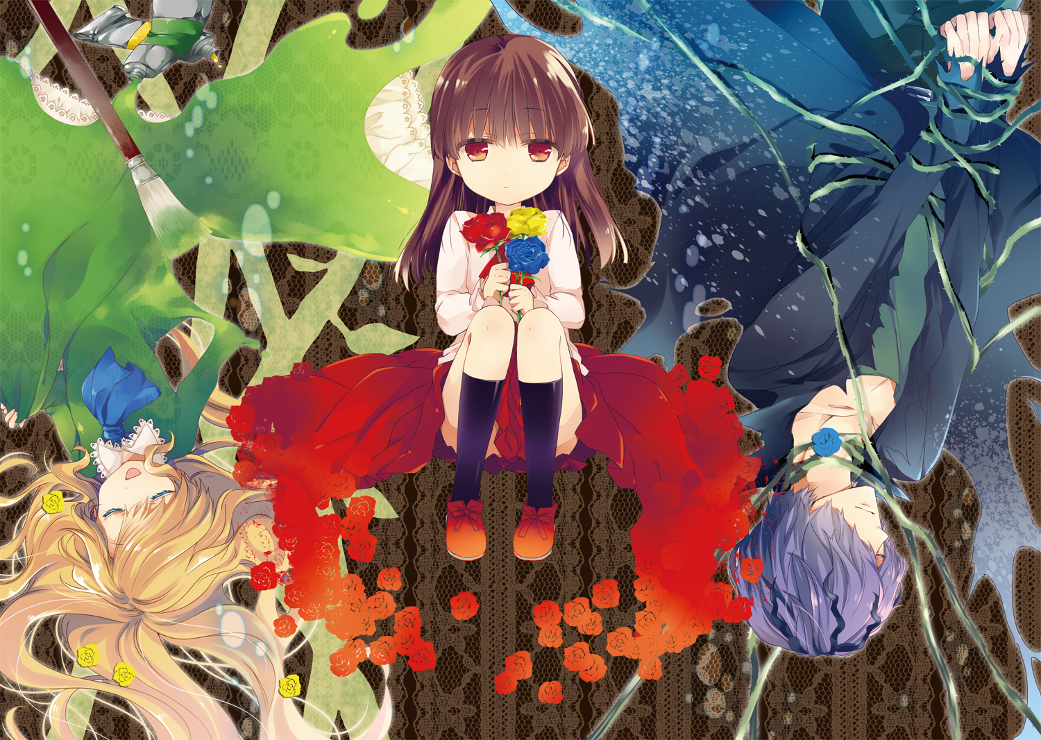 blonde_hair, brown_hair, dress, flowers, gary_(ib), ib, ib_(ib), loli, long_hair, male, mary_(ib), naan, purple_hair, red_eyes, rose, skirt