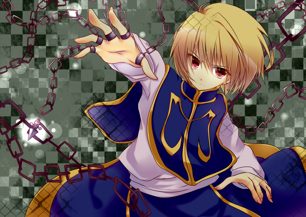 blonde_hair, chain, hunter_x_hunter, kurapica, red_eyes, short_hair, umi_no_mizu, weapon