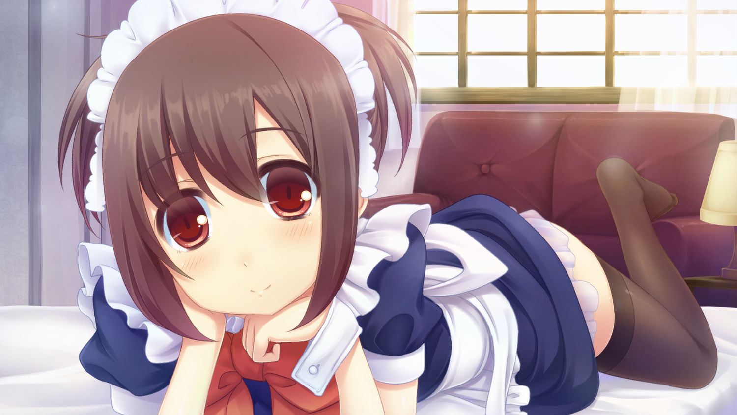 blush, brown_hair, dress, headdress, maid, original, red_eyes, short_hair