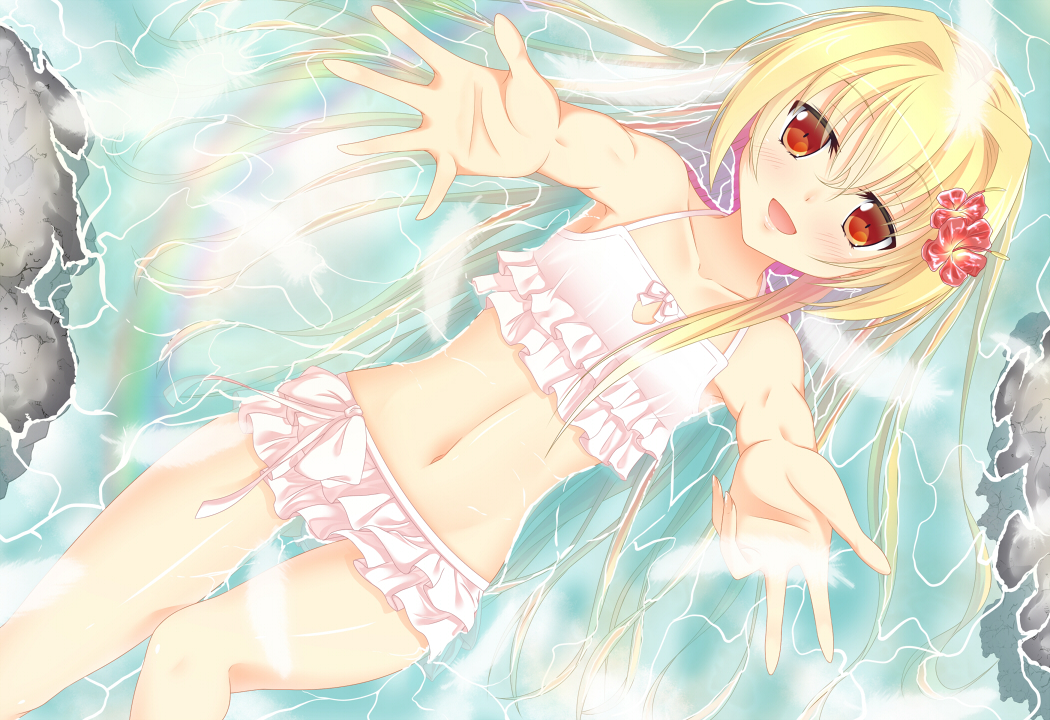 akane_miu, bikini, blonde_hair, flowers, irotoridori_no_hikari, irotoridori_no_sekai, long_hair, navel, nikaidou_shinku, rainbow, red_eyes, swimsuit, water
