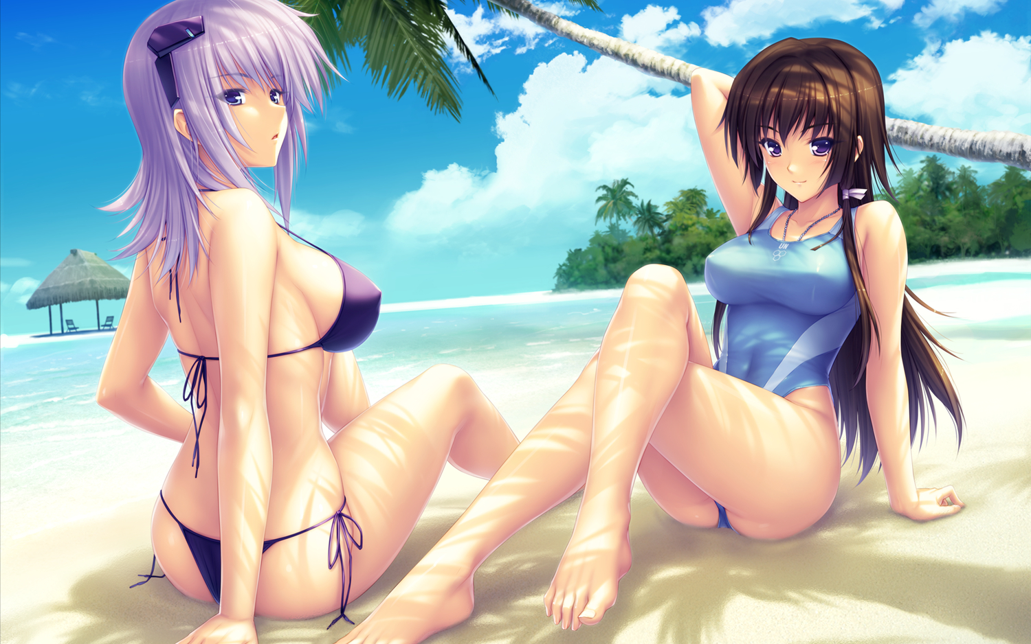 2girls, barefoot, beach, breasts, brown_hair, clouds, cryska_barchenowa, long_hair, muv-luv_alternative, necklace, purple_eyes, purple_hair, sayori, swimsuit, takamura_yui, tree, water