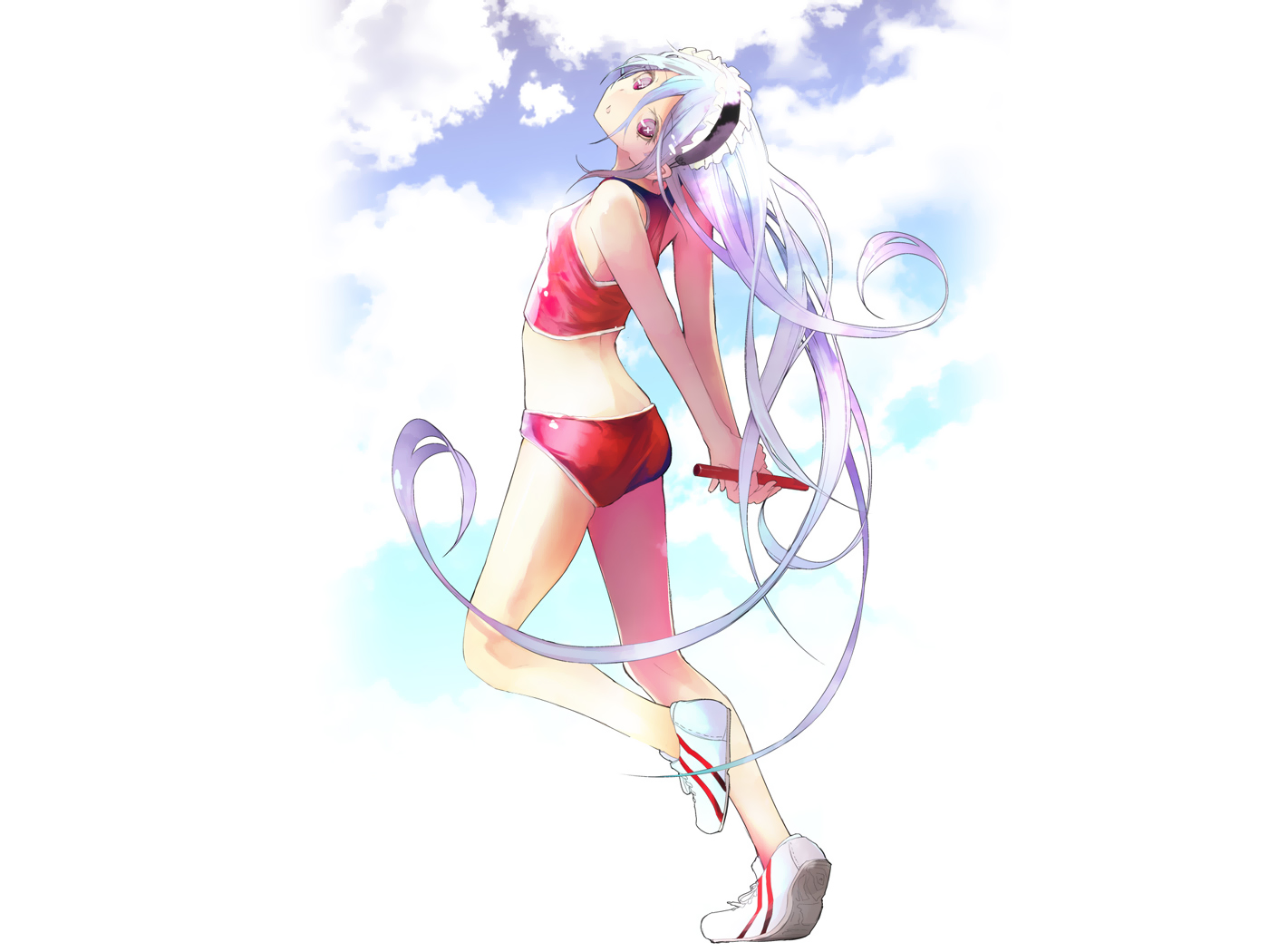 akasaka_aka, bloomers, clouds, headdress, jpeg_artifacts, long_hair, original, pink_eyes