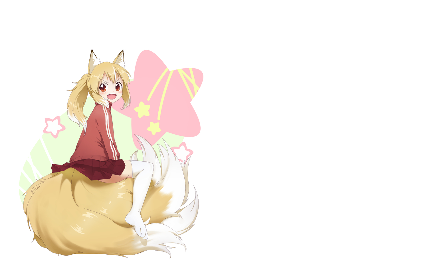 animal_ears, blonde_hair, fang, foxgirl, multiple_tails, naraba_yueni, orange_eyes, original, short_hair, tail, thighhighs, white