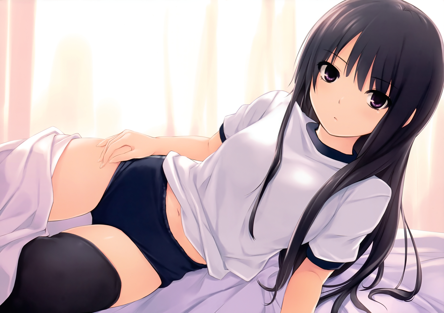 bed, black_hair, bloomers, coffee-kizoku, gym_uniform, long_hair, navel, original, purple_eyes, shiramine_rika, thighhighs