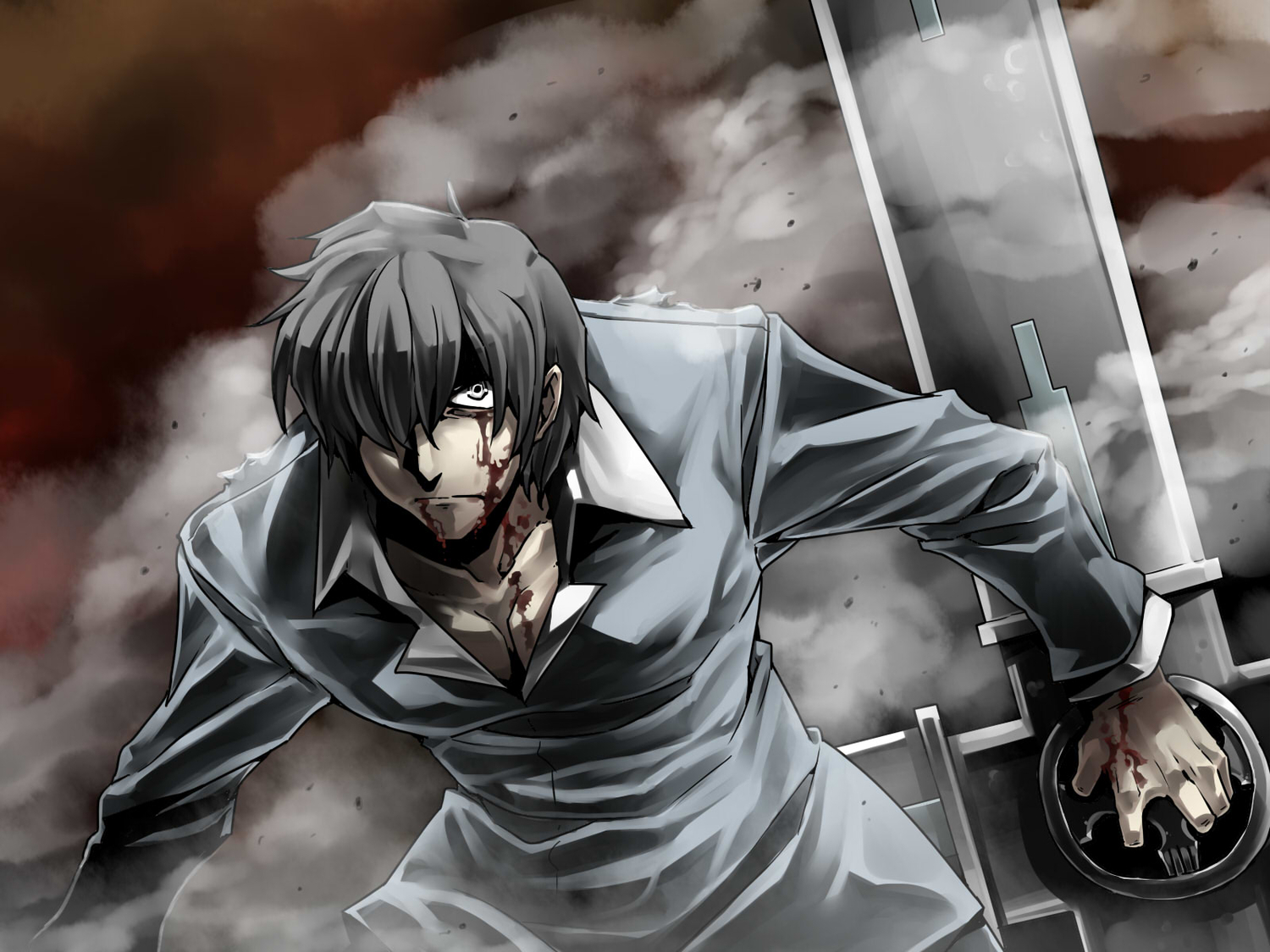 all_male, black_hair, blood, cross, gray_eyes, gun, jpeg_artifacts, male, nicholas_d_wolfwood, short_hair, suit, trigun, tsuki_wani, weapon