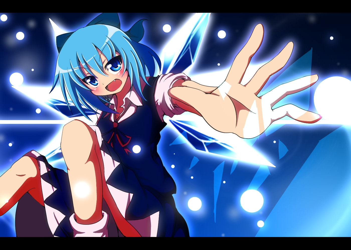 blue_eyes, blue_hair, blush, bow, cirno, do_(4-rt), dress, fairy, fang, ribbons, short_hair, touhou, wings