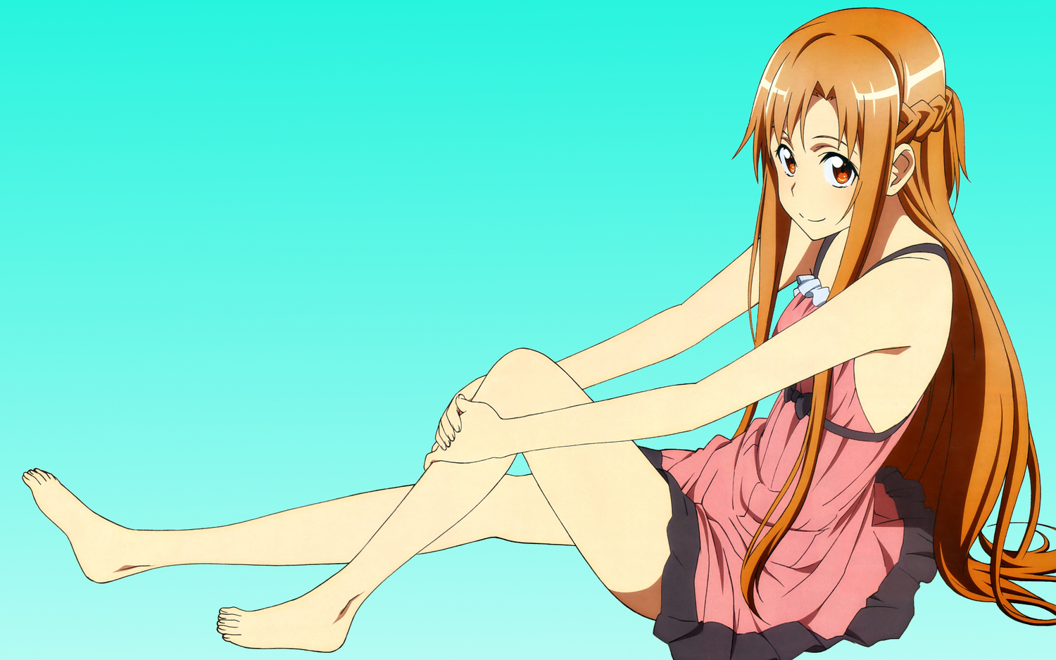 barefoot, blue, brown_eyes, brown_hair, dress, habe_takashi, jpeg_artifacts, long_hair