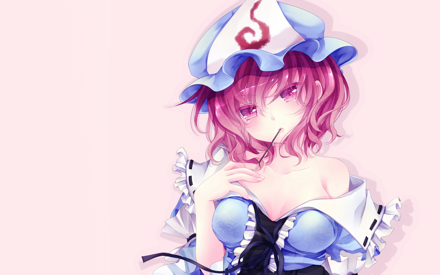 breasts, cleavage, dress, food, hat, mikazuki_sara, pink, pink_eyes