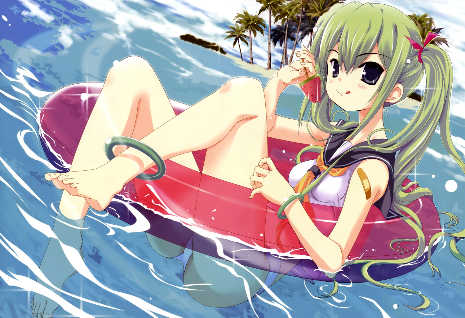 bandaid, barefoot, blue_eyes, blush, dengeki_moeoh, food, green_hair, hagiwara_onsen, ice_cream, long_hair, original, scan, school_uniform, swim_ring, swimsuit, twintails, water